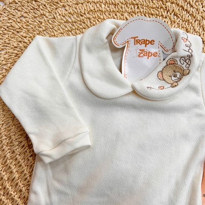  Conj. Body Manga Longa Gola Bordada Ursa Bebê e Calça Poá - Salmão e Off White